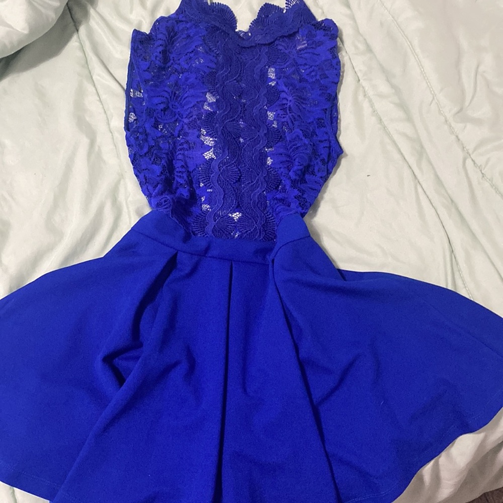 Royal Blue High Neck Lace Jumpsuit Dress